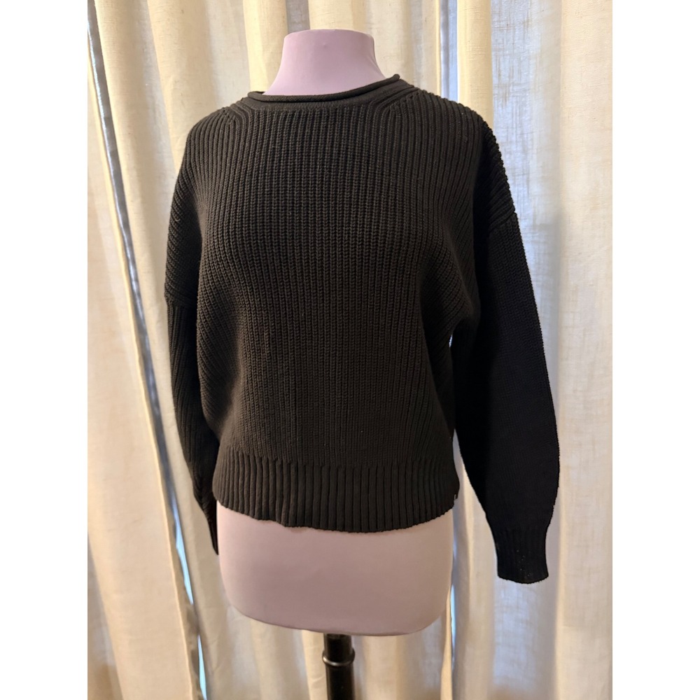 Loft Womens Sweater Large Black Thick Ribbed Knit Shaker Stitch Minimalist Core